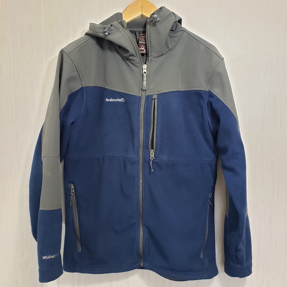 Avalanche blue & gray medium weight soft shell hooded fleece jacket men's size M